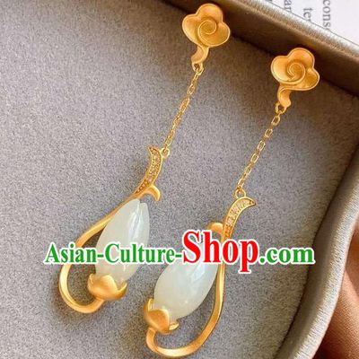 China Traditional Qing Dynasty Jade Mangnolia Ear Jewelry Accessories National Cheongsam Golden Cloud Earrings