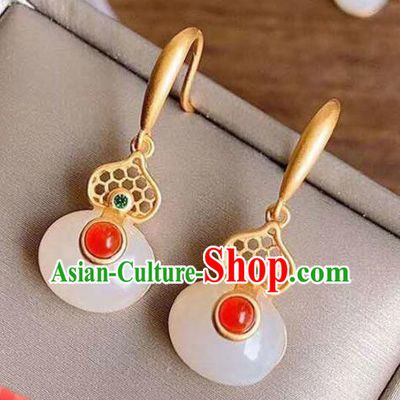 China Traditional Qing Dynasty White Jade Gourd Ear Jewelry Accessories National Cheongsam Golden Earrings