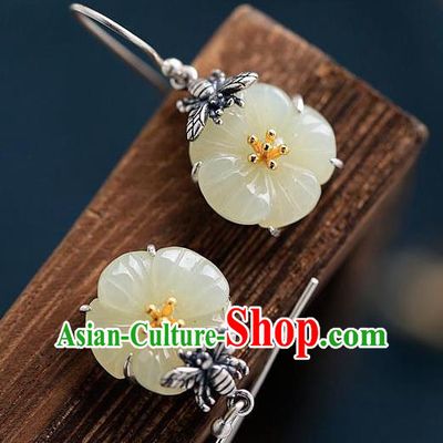 China Traditional Silver Bee Ear Jewelry Accessories National Cheongsam Jade Plum Earrings