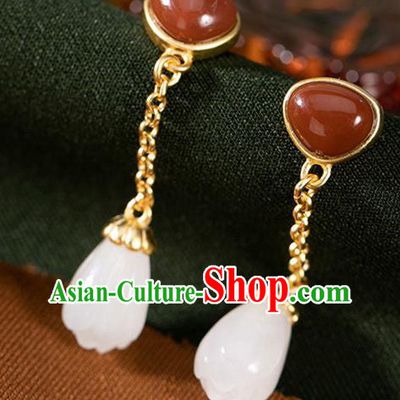 China Traditional Agate Golden Ear Jewelry Accessories National Cheongsam Jade Mangnolia Earrings