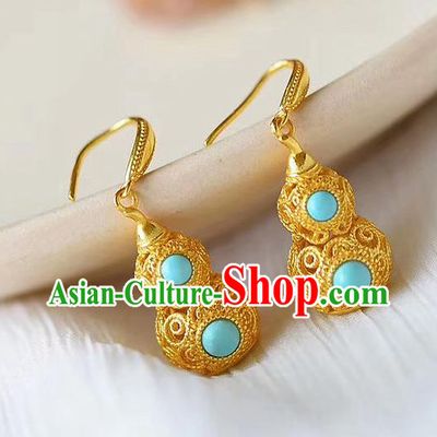 China National Cheongsam Golden Gourd Earrings Traditional Qing Dynasty Court Ear Jewelry Accessories