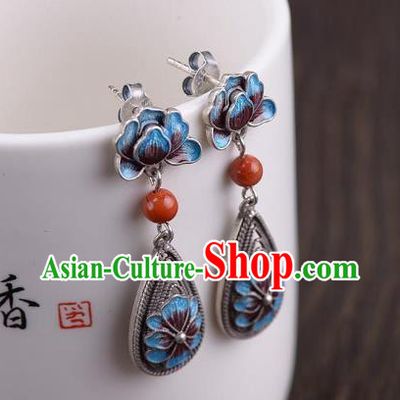 China National Cheongsam Silver Earrings Traditional Cloisonne Peony Ear Jewelry Accessories