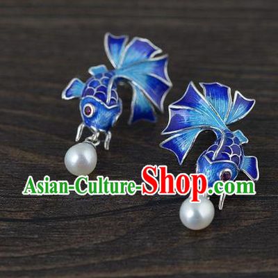 China Traditional Blueing Fish Ear Jewelry Accessories National Cheongsam Pearl Earrings