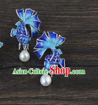 China Traditional Blueing Fish Ear Jewelry Accessories National Cheongsam Pearl Earrings China Traditional Blueing Fish Ear Jewelry Accessories National Cheongsam Pearl Earrings