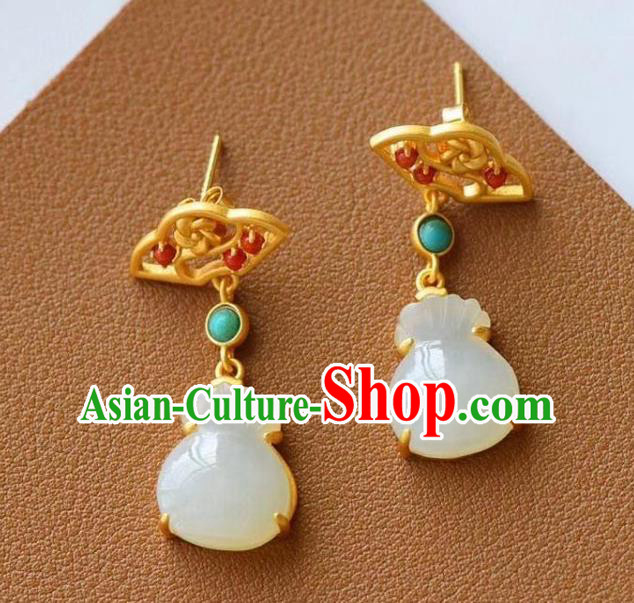 China Traditional Golden Ear Jewelry Accessories National Cheongsam Chalcedony Lucky Bag Earrings China Traditional Golden Ear Jewelry Accessories National Cheongsam Chalcedony Lucky Bag Earrings