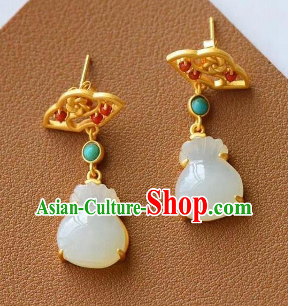 China Traditional Golden Ear Jewelry Accessories National Cheongsam Chalcedony Lucky Bag Earrings China Traditional Golden Ear Jewelry Accessories National Cheongsam Chalcedony Lucky Bag Earrings