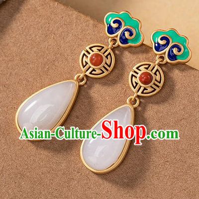 China Traditional White Jade Ear Jewelry Accessories National Cheongsam Enamel Cloud Earrings