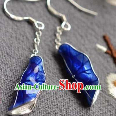 China Traditional Silver Ear Jewelry Accessories National Cheongsam Cloisonne Lotus Leaf Earrings