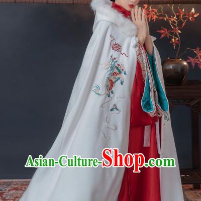 China Ancient Imperial Concubine Historical Clothing Traditional Ming Dynasty Embroidered Hanfu White Cape