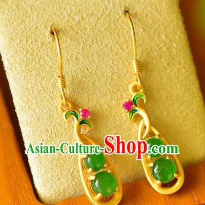 China Traditional Golden Pea Pod Ear Jewelry Accessories Classical Cheongsam Green Jade Earrings