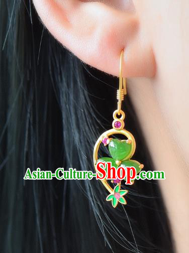 China Traditional Green Jade Ear Jewelry Accessories Classical Cheongsam Golden Earrings China Traditional Green Jade Ear Jewelry Accessories Classical Cheongsam Golden Earrings