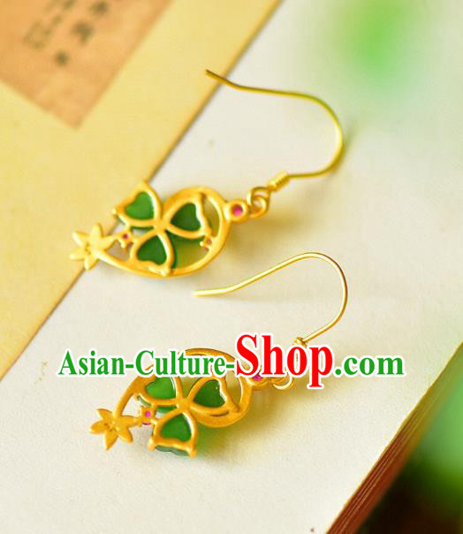 China Traditional Green Jade Ear Jewelry Accessories Classical Cheongsam Golden Earrings China Traditional Green Jade Ear Jewelry Accessories Classical Cheongsam Golden Earrings