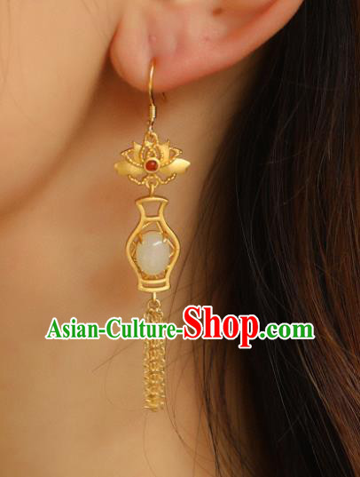 China Traditional Golden Lotus Tassel Ear Jewelry Accessories Classical Cheongsam Jade Vase Earrings China Traditional Golden Lotus Tassel Ear Jewelry Accessories Classical Cheongsam Jade Vase Earrings