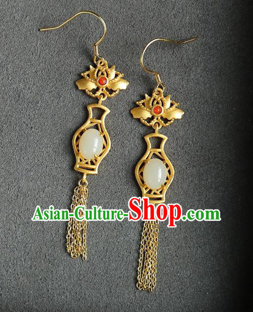 China Traditional Golden Lotus Tassel Ear Jewelry Accessories Classical Cheongsam Jade Vase Earrings China Traditional Golden Lotus Tassel Ear Jewelry Accessories Classical Cheongsam Jade Vase Earrings