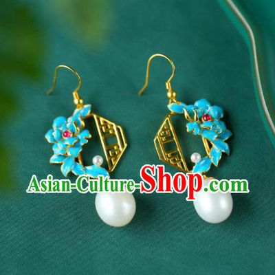 China Traditional Pearl Ear Jewelry Accessories Classical Cheongsam Blueing Peony Earrings