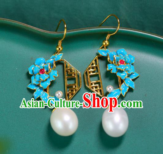 China Traditional Pearl Ear Jewelry Accessories Classical Cheongsam Blueing Peony Earrings China Traditional Pearl Ear Jewelry Accessories Classical Cheongsam Blueing Peony Earrings