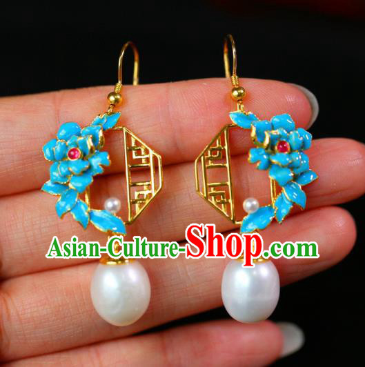 China Traditional Pearl Ear Jewelry Accessories Classical Cheongsam Blueing Peony Earrings China Traditional Pearl Ear Jewelry Accessories Classical Cheongsam Blueing Peony Earrings