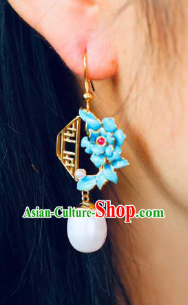 China Traditional Pearl Ear Jewelry Accessories Classical Cheongsam Blueing Peony Earrings China Traditional Pearl Ear Jewelry Accessories Classical Cheongsam Blueing Peony Earrings