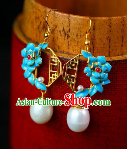 China Traditional Pearl Ear Jewelry Accessories Classical Cheongsam Blueing Peony Earrings China Traditional Pearl Ear Jewelry Accessories Classical Cheongsam Blueing Peony Earrings