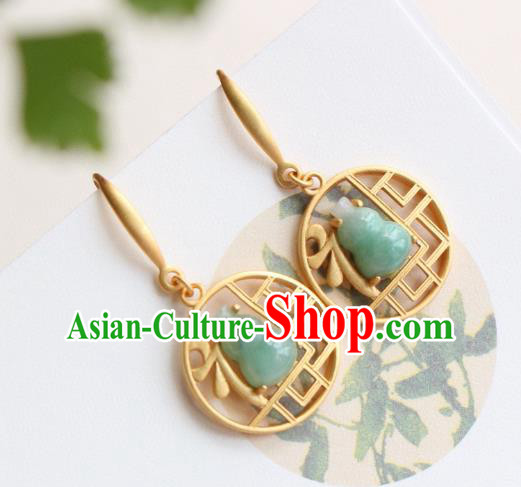 China Traditional Jade Gourd Ear Jewelry Accessories Classical Cheongsam Golden Earrings China Traditional Jade Gourd Ear Jewelry Accessories Classical Cheongsam Golden Earrings