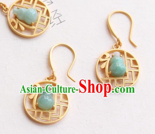 China Traditional Jade Gourd Ear Jewelry Accessories Classical Cheongsam Golden Earrings China Traditional Jade Gourd Ear Jewelry Accessories Classical Cheongsam Golden Earrings