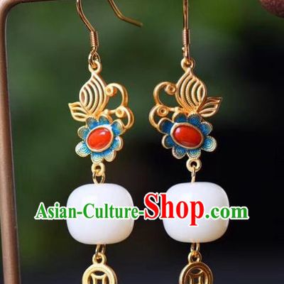 China Traditional Blueing Agate Ear Jewelry Accessories Classical Cheongsam White Jade Earrings