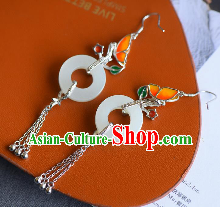 China Traditional Enamel Butterfly Ear Jewelry Accessories Classical Cheongsam Silver Tassel Jade Earrings China Traditional Enamel Butterfly Ear Jewelry Accessories Classical Cheongsam Silver Tassel Jade Earrings
