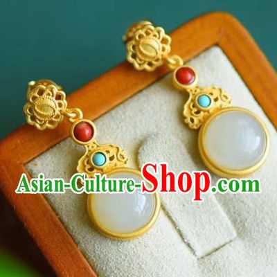China Traditional Golden Ear Jewelry Accessories Classical Cheongsam Hetian Jade Earrings