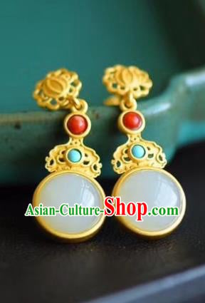 China Traditional Golden Ear Jewelry Accessories Classical Cheongsam Hetian Jade Earrings China Traditional Golden Ear Jewelry Accessories Classical Cheongsam Hetian Jade Earrings
