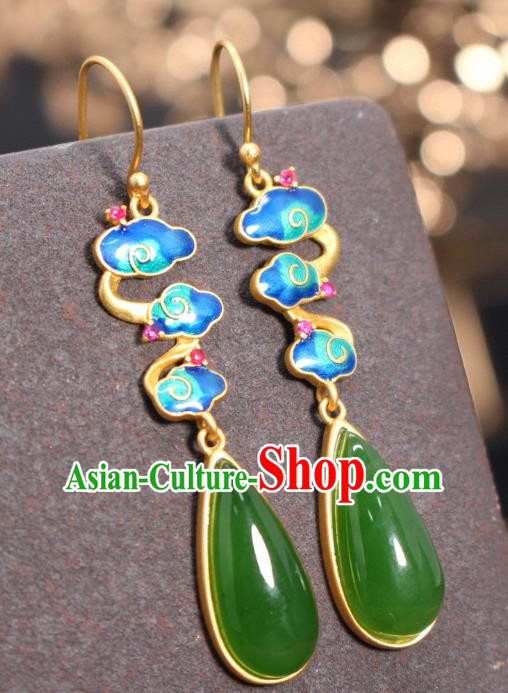 China Traditional Green Jade Ear Jewelry Accessories Classical Cheongsam Enamel Cloud Earrings China Traditional Green Jade Ear Jewelry Accessories Classical Cheongsam Enamel Cloud Earrings