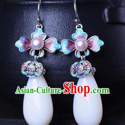 China Traditional Pearl Jade Ear Jewelry Accessories Classical Cheongsam Blueing Bat Earrings