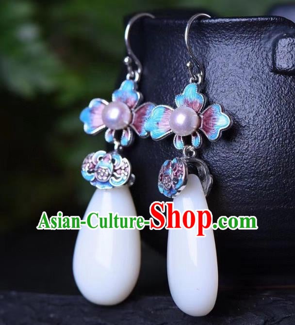 China Traditional Pearl Jade Ear Jewelry Accessories Classical Cheongsam Blueing Bat Earrings China Traditional Pearl Jade Ear Jewelry Accessories Classical Cheongsam Blueing Bat Earrings