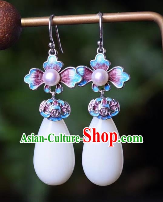 China Traditional Pearl Jade Ear Jewelry Accessories Classical Cheongsam Blueing Bat Earrings China Traditional Pearl Jade Ear Jewelry Accessories Classical Cheongsam Blueing Bat Earrings
