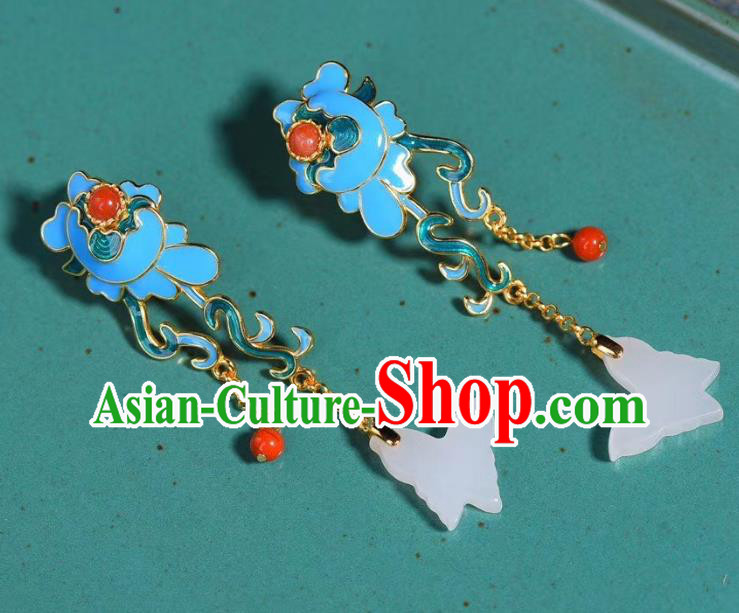 China Traditional White Jade Butterfly Ear Jewelry Accessories Classical Cheongsam Blueing Earrings China Traditional White Jade Butterfly Ear Jewelry Accessories Classical Cheongsam Blueing Earrings