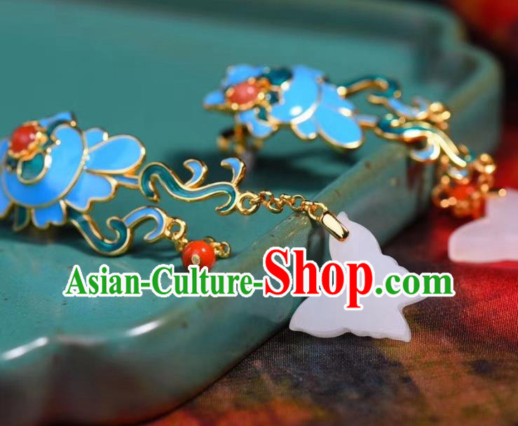 China Traditional White Jade Butterfly Ear Jewelry Accessories Classical Cheongsam Blueing Earrings China Traditional White Jade Butterfly Ear Jewelry Accessories Classical Cheongsam Blueing Earrings