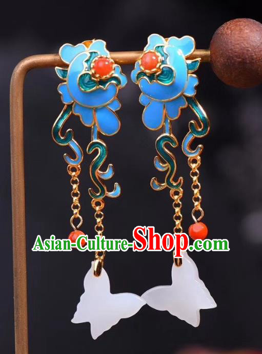 China Traditional White Jade Butterfly Ear Jewelry Accessories Classical Cheongsam Blueing Earrings China Traditional White Jade Butterfly Ear Jewelry Accessories Classical Cheongsam Blueing Earrings
