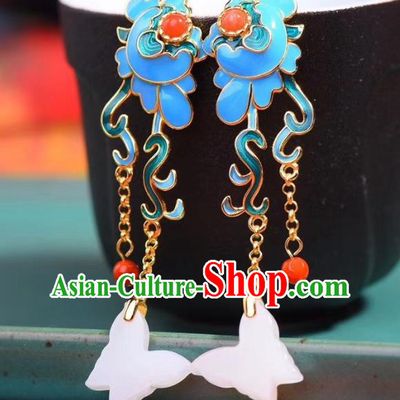 China Traditional White Jade Butterfly Ear Jewelry Accessories Classical Cheongsam Blueing Earrings