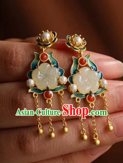 China Traditional Jade Plum Ear Jewelry Accessories Classical Cheongsam Blueing Golden Tassel Earrings China Traditional Jade Plum Ear Jewelry Accessories Classical Cheongsam Blueing Golden Tassel Earrings