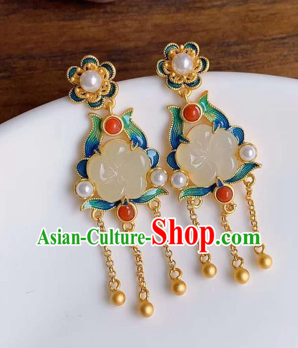 China Traditional Jade Plum Ear Jewelry Accessories Classical Cheongsam Blueing Golden Tassel Earrings China Traditional Jade Plum Ear Jewelry Accessories Classical Cheongsam Blueing Golden Tassel Earrings