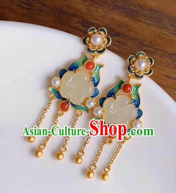 China Traditional Jade Plum Ear Jewelry Accessories Classical Cheongsam Blueing Golden Tassel Earrings China Traditional Jade Plum Ear Jewelry Accessories Classical Cheongsam Blueing Golden Tassel Earrings