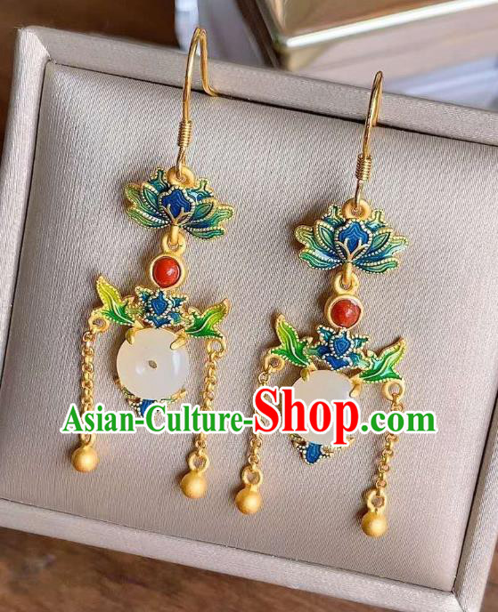 China Traditional Golden Tassel Jade Ear Jewelry Accessories Classical Cheongsam Blueing Lotus Earrings China Traditional Golden Tassel Jade Ear Jewelry Accessories Classical Cheongsam Blueing Lotus Earrings