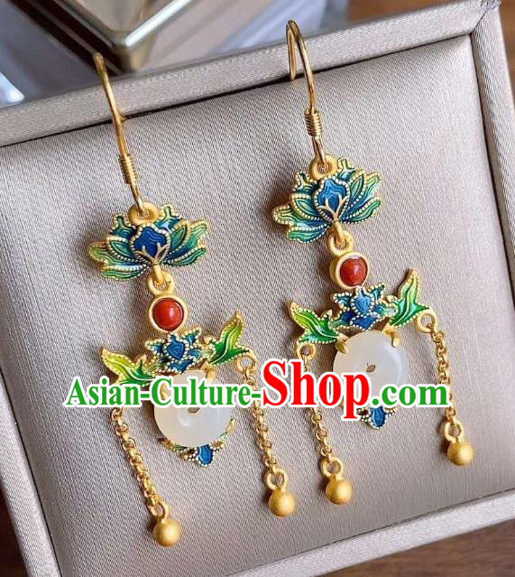 China Traditional Golden Tassel Jade Ear Jewelry Accessories Classical Cheongsam Blueing Lotus Earrings China Traditional Golden Tassel Jade Ear Jewelry Accessories Classical Cheongsam Blueing Lotus Earrings