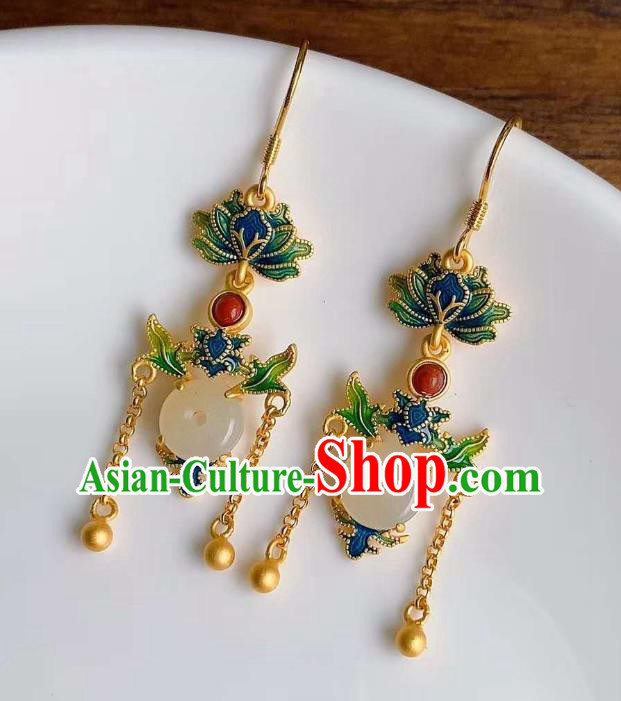 China Traditional Golden Tassel Jade Ear Jewelry Accessories Classical Cheongsam Blueing Lotus Earrings China Traditional Golden Tassel Jade Ear Jewelry Accessories Classical Cheongsam Blueing Lotus Earrings