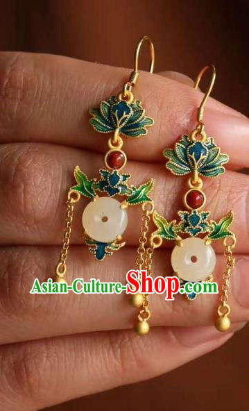China Traditional Golden Tassel Jade Ear Jewelry Accessories Classical Cheongsam Blueing Lotus Earrings China Traditional Golden Tassel Jade Ear Jewelry Accessories Classical Cheongsam Blueing Lotus Earrings