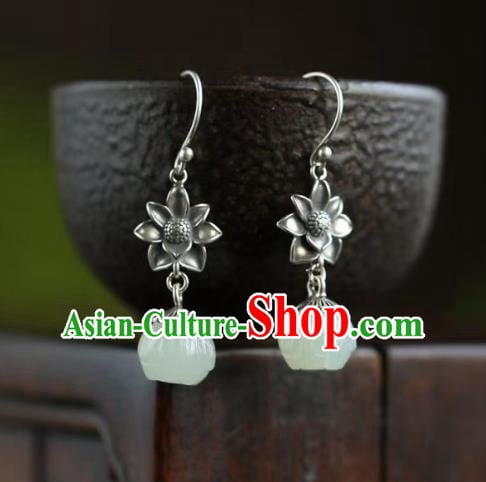 China Traditional Hetian Jade Ear Jewelry Accessories Classical Cheongsam Silver Lotus Earrings China Traditional Hetian Jade Ear Jewelry Accessories Classical Cheongsam Silver Lotus Earrings