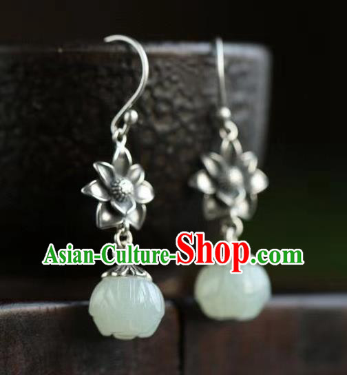 China Traditional Hetian Jade Ear Jewelry Accessories Classical Cheongsam Silver Lotus Earrings China Traditional Hetian Jade Ear Jewelry Accessories Classical Cheongsam Silver Lotus Earrings