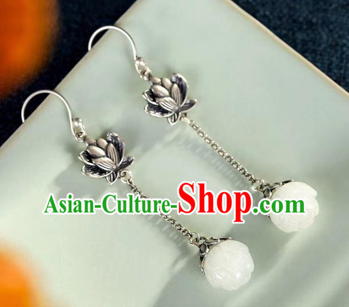 China Traditional Silver Ear Jewelry Accessories Classical Cheongsam Jade Lotus Earrings China Traditional Silver Ear Jewelry Accessories Classical Cheongsam Jade Lotus Earrings