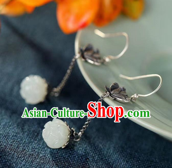 China Traditional Silver Ear Jewelry Accessories Classical Cheongsam Jade Lotus Earrings China Traditional Silver Ear Jewelry Accessories Classical Cheongsam Jade Lotus Earrings