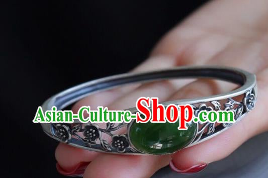China Handmade Silver Carving Plum Bracelet Accessories Traditional National Chrysoprase Bangle Jewelry China Handmade Silver Carving Plum Bracelet Accessories Traditional National Chrysoprase Bangle Jewelry