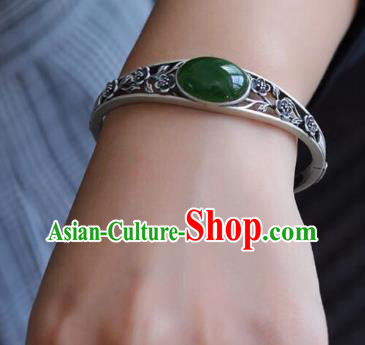 China Handmade Silver Carving Plum Bracelet Accessories Traditional National Chrysoprase Bangle Jewelry China Handmade Silver Carving Plum Bracelet Accessories Traditional National Chrysoprase Bangle Jewelry